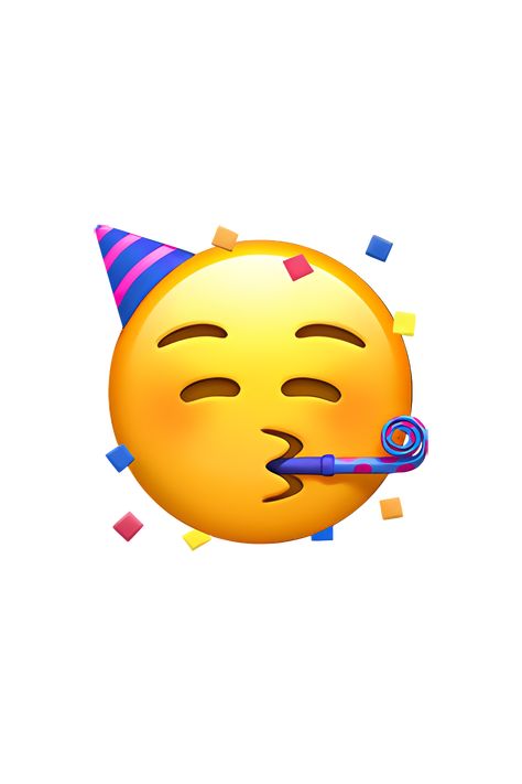 The 🥳 Partying Face emoji depicts a yellow face with a big grin, closed eyes, and a party hat on its head. The hat is typically colored in shades of blue, purple, and yellow, and features a small pom-pom on top. The emoji also has confetti and streamers falling around it, indicating a festive and celebratory mood. Emojis And Their Meanings, Party Blower, Phone Emoji, Emoji Hat, Apple Emojis, Emoji Stickers Iphone, All Emoji, Magic Eye Pictures, Emoji Meaning