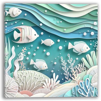 A tranquil escape into the marine world this canvas blends artful paper cut-out designs with a palette of soothing blues and gentle whites creating a peaceful undersea tableau. The layered composition gives the illusion of depth making each aquatic plant and fish seem alive and swimming right before your eyes. Ideal for adding a calming influence to any room this durable canvas print comes ready to hang and is sure to be a conversation starter. Embrace the beauty of the ocean in your home with t 3d Paper Layering Art, Paper Layering Art, Layers Artwork, Layered Artwork, Ocean Art Projects, Layered Paper Art, Cut Paper Illustration, Foam Art, Underwater Scene