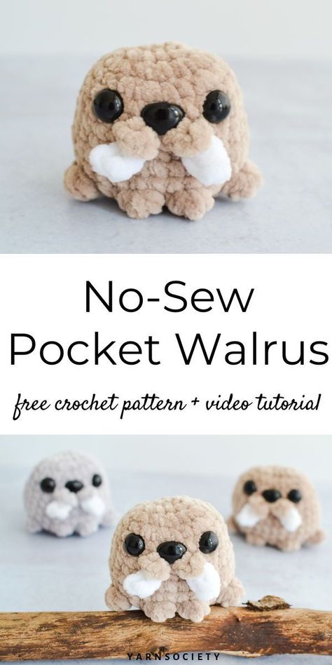 This no sew walrus crochet pattern is the perfect project for sea lovers! Amigurumi Patterns, Walrus Crochet Pattern, Amigurumi Free Pattern Bulky Yarn, Crochet Amigurumi Market, Amigurumi Easy Pattern, Really Quick Crochet Projects, Crochet Stuffie Patterns, Crochet No Sew Pattern Free, Crochet Fluffy Animals Free Patterns