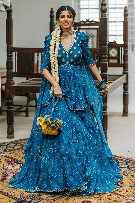 Blue Banarasi bandhani print peplum kurta lehenga set Peplum Lehenga, Lehenga Blue, Bandhani Lehenga, Kurta Lehenga, Bandhani Print, Traditional Dresses Designs, Kurta Set For Women, Lehnga Designs, Fancy Dresses Long