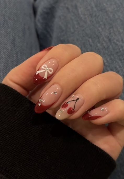 Red cherry nails ribbon nails bow nails Nails And Jewelry, Acrylics With Rhinestones Simple, Guitarist Nails Ideas, Cherry Coquette Nails, Flashy Nail Designs, Almond Shape Nails Red, Fun Almond Nails Art Designs, Korean Short Nail Designs, Vintage Nail Designs