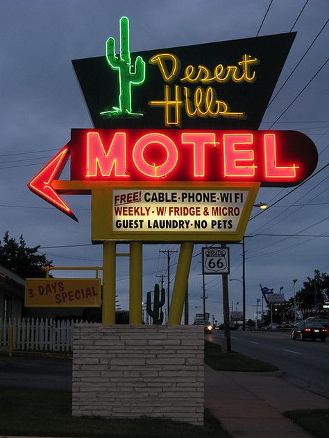 Desert Hills Neon Sign Route 66 by gtotiger68, via Flickr Desert Grunge, Old Neon Signs, Desert Hills, Retro Signage, Desert Aesthetic, Route 66 Road Trip, Vintage Neon, Vintage Neon Signs, Neon Nights