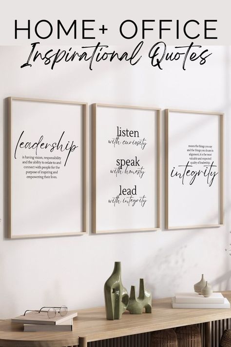 Leadership Quote Set of 3 Prints Office Decor Women Team Leader Gift Inspirational Wall Art Women Motivational Mentor Gift Integrity Quote - Etsy Canada Artwork For Office Space, College Professor Office Ideas, School Administrator Office Decor, Inspirational Wall Art Office, Office Inspirational Quotes Wall Art, Home Office Decor Ideas Inspiration, School Office Wall Decor Ideas, Hospital Office Decor, Large Wall Decor Office