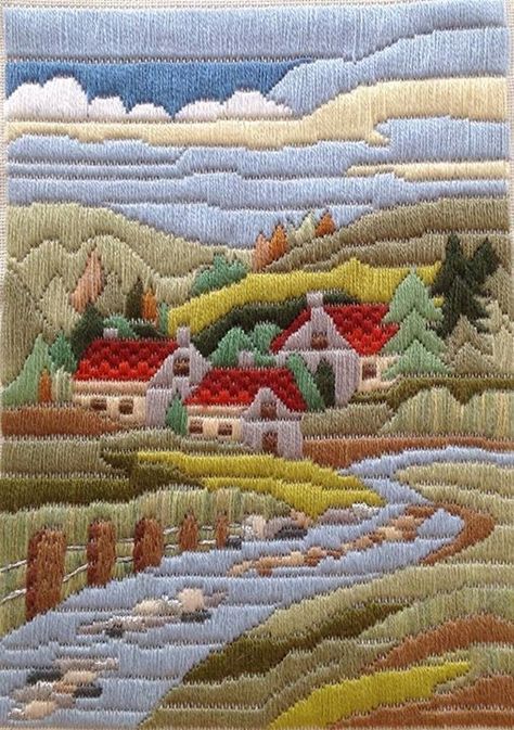 long stitch (needlepoint) landscape Crewel Embroidery, Silk Ribbon Embroidery, فن النسيج, Long Stitch, Bargello Needlepoint, Landscape Quilt, Crewel Embroidery Kits, Landscape Quilts, Needlepoint Stitches