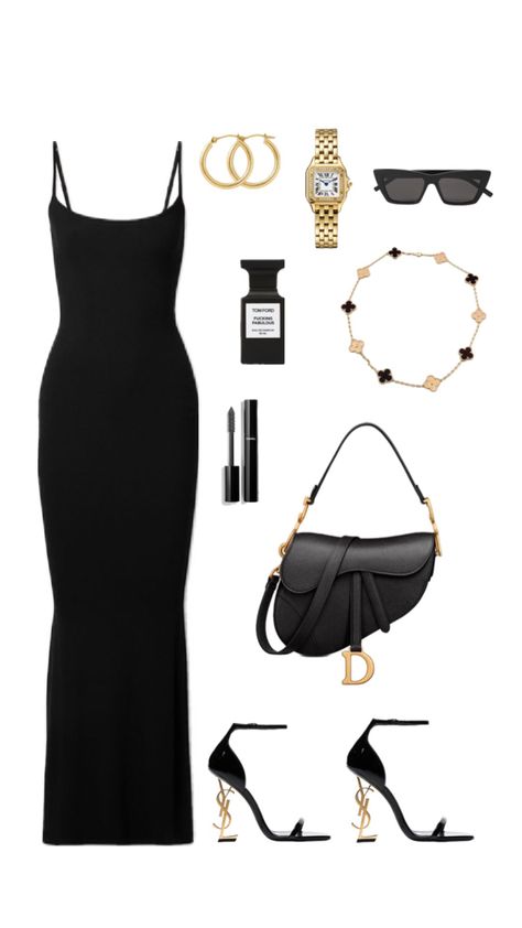 Skims dress, ysl heels, dior saddlebag, van cleef, tom ford, gold jewerly outfit, black outfit, new york outfit Classy Dinner Outfits, Summer Date Night Outfits, Spring Date Night Outfit, Ysl Outfit, Outfit Ideas Classy, Dinner Outfit Ideas, Fashion Date Night, Outfits To Impress, Black And Gold Outfit