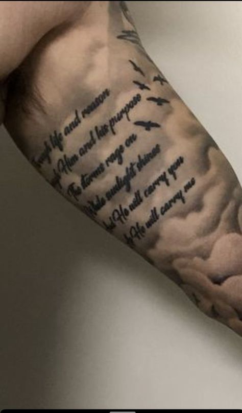 Tattoo Ideas For Men Inside Bicep, Bible Verse Bicep Tattoo, Inside Bicep Tattoo Mens Words, Quote On Arm Tattoo, Inner Bicep Tattoo Men Quote, Bicep Quote Tattoo, Tattoo Text Ideas Men, Text Tattoo Men Arm, Men’s Bicep Tattoo