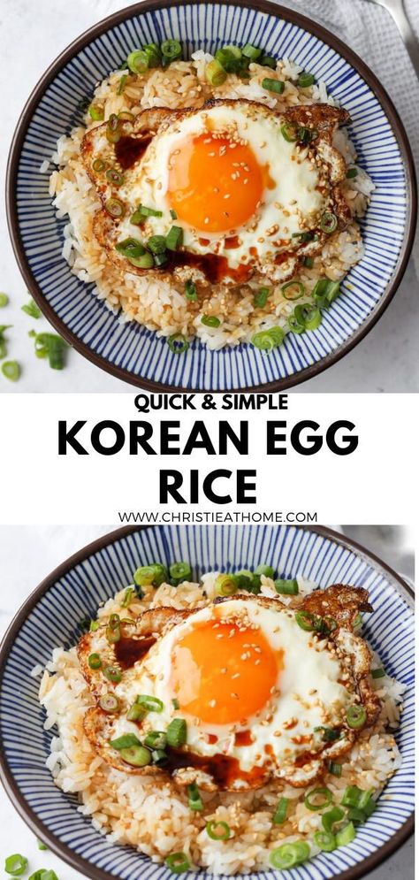 Gyeran Bap – Korean Egg Rice. Simple steamed white short grain rice with a fried egg over top, seasoned with soy sauce, green onion, sesame seeds, sesame oil and butter. Easy to make and simply delicious. Great for breakfast, lunch or dinner. Ready in just 10 minutes if you already have cooked rice #korean reipes #gyeran bap recipe #korean cooking #asian egg recipes Korean Egg Rice, Gyeran Bap, Fried Rice Aesthetic, Egg Fried Rice Recipe Easy, Rice Aesthetic, Fried Rice Egg, Easy Egg Fried Rice, Rice Recipe Easy, Korean Egg