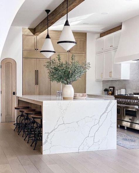 House and interior design ideas | Absolutely beautiful kitchen decor 🏠 | Facebook I Shaped Kitchen With Island, Modern Bohemian Kitchen Ideas, Contemporary Mediterranean Kitchen, Soft Modern Kitchen, Mc Gee Kitchen, L Shaped Kitchen With Island And Pantry, Reeded Kitchen Island, Kitchens With High Ceilings, High Ceiling Kitchen Ideas