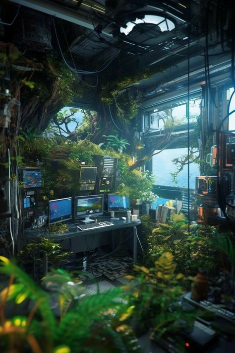 Cyberpunk Nature Aesthetic, Solarpunk Lifestyle, Ecopunk Aesthetic, Sci Fi Room Concept Art, Plant Cyberpunk, Cyberpunk Cottagecore, Cyberpunk Plants, Solarpunk Environment, Cozy Cyberpunk