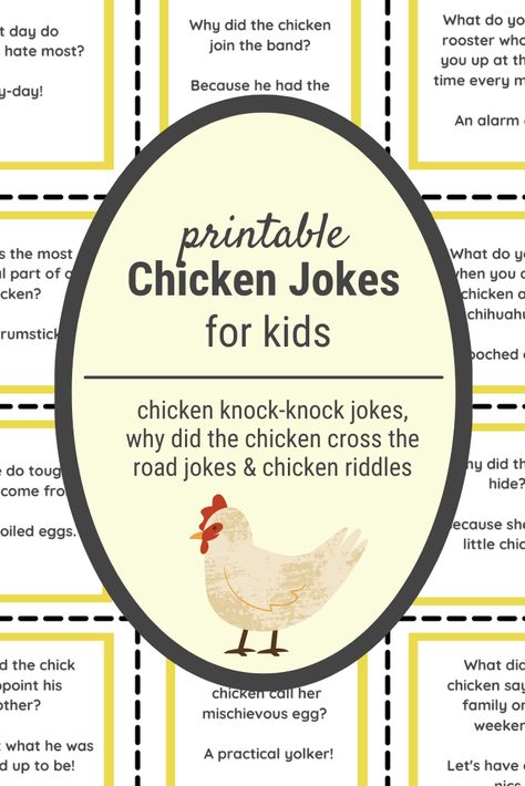 Chicken Jokes!!! All your favorite silly jokes about chickens in one place. Kids & grown-ups can read them here or print them out for later. 4h Chicken Poster Ideas, Chicken Games For Kids, Chicken Jokes Hilarious, Chicken Activities For Kids, Chicken Lifecycle, Chicken Journal, Farm Anatomy, Farm Unit Preschool, Spring Jokes
