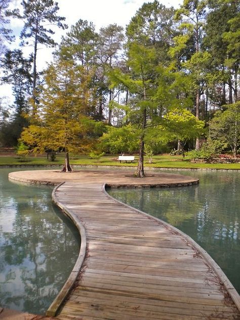 Lake Landscape Design, Outdoor Landscape Design, Visit Houston, Spring Texas, Desain Lanskap, Piscina Natural, Texas Shirts, Wooden Bridge, Botanic Gardens