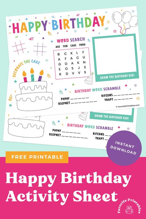 Kids will have so much fun with this free printable birthday activity sheet! Full of so many ways to keep them entertained at school, home or during the Birthday party! Happy Birthday Words, Free Printable Games, Birthday Words, Birthday Activities, Activities For Boys, Educational Activities For Kids, Birthday Printables, Printable Games, Printable Decor