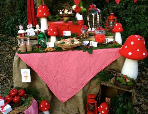 23 Birthday Party Ideas For Her, Gnome Garden Birthday Party, Mushroom Party Decorations Ideas, Red Mushroom Decor, Red Riding Hood Decorations, Woodland Mushroom Birthday Party, Red Riding Hood Birthday Theme, Into The Woods Party Theme, Little Red Riding Hood Birthday Party