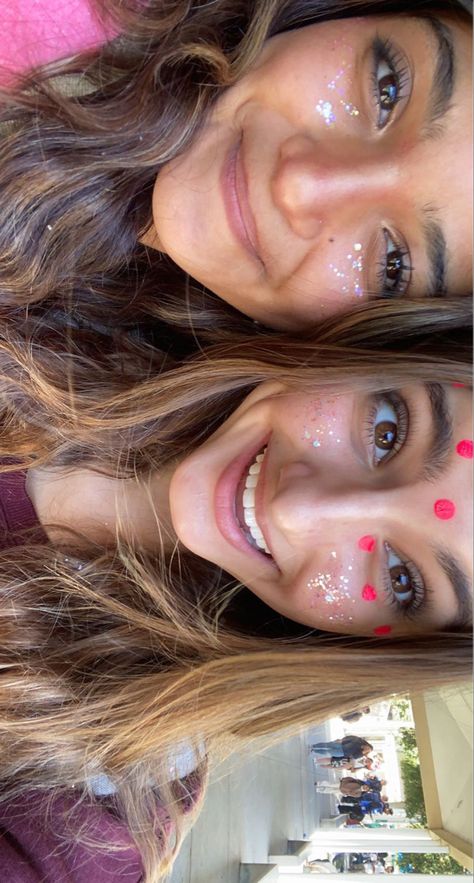 Glitter Face Paint Football Game, Pink Out Football Game Makeup, Pink Out Football Game Face Paint, Pink Out Makeup Spirit Week, Pink Face Paint School Spirit, Neon Face Paint Ideas For Football Games, Football Face Paint High School, Game Day Face Paint Cheer, Pink Out Face Paint Spirit Week