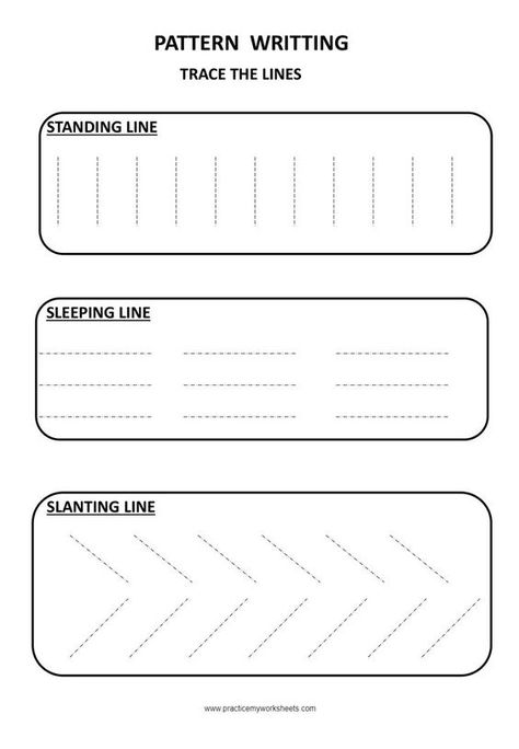 Pattern tracing is the first step for writing. By practicing the patterns kids can easily start writing the alphabet. Types of pattern tracing are standing line sleeping line left-slanting line right-slanting line curves zigzag lines waves circles Download free worksheets for kindergarten Standing Sleeping Slanting Lines Worksheet, Line Tracing For Preschool, Handwriting Patterns Writing Practice, Trace Slanting Lines, Lines Worksheet Preschool, Pattern Writing For Preschoolers, Tracing Patterns Free Printable, Standing Sleeping Line Worksheet, Pattern Practice Preschool