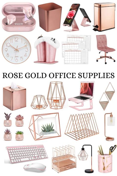 a pin for a blog post called Rose Gold Office Supplies from Amazon Rose Gold Home Office, Gold Home Office Decor, Best Gadgets On Amazon, Gold Home Office, Rose Gold Office Decor, Work Cubicle Decor, Rose Gold Desk, Gold Office Supplies, Rose Gold Room Decor