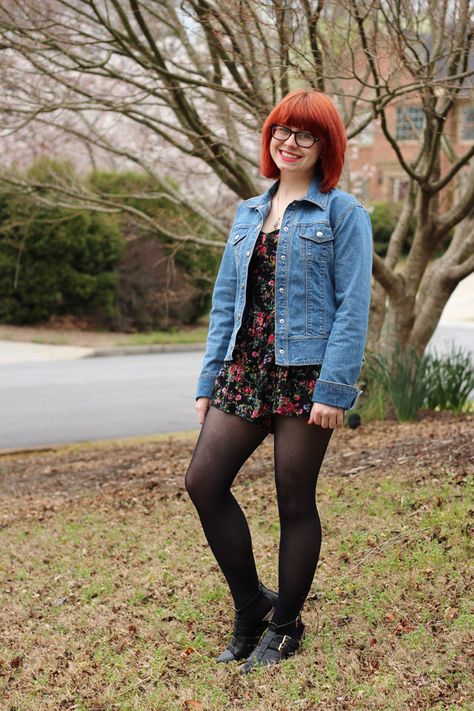 All sizes | Jean Jacket with a Black Floral Romper, Black Tights, and Cutout Boots | Flickr - Photo Sharing! Romper And Sweater Outfits, Romper With Tights, Short Romper Outfit, Fall Jumpsuit, Shorts Romper Outfit, Ladies Jumpsuits, Jamie Rose, Cutout Boots, Jumpsuit Fall