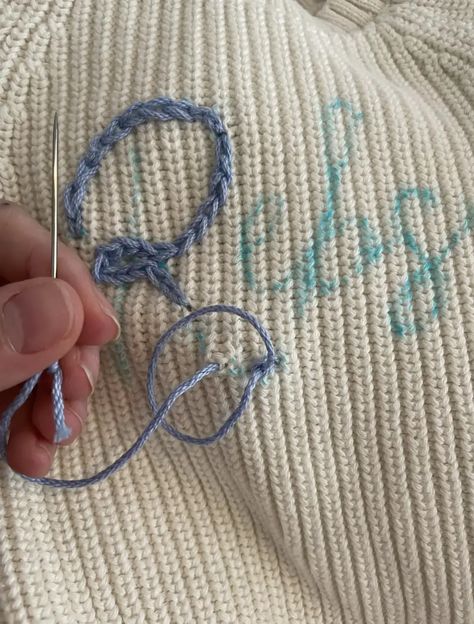 How To DIY a Hand Embroidered Name Sweater • Emily Rone Home Embroidery Letters On Crochet, Chunky Name Sweater Diy, Cursive Name Embroidery, Hand Embroider Name On Shirt Diy, How To Embroider A Name, Diy Name Embroidery Sweater, Diy Hand Embroidered Sweater, Diy Hand Embroidery Tutorials, Hand Embroidery Sweater Diy