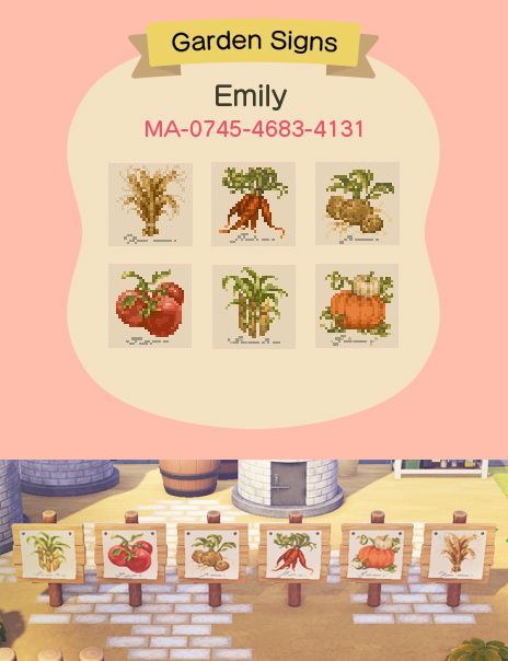 Animal Crossing New Horizons custom designed vegetable signs for the new 2.0 update, including wheat, carrots, potatoes, tomatoes, sugarcane, and pumpkins. Created by Emily, whose designer code is MA-0845-4683-4131 Animal Crossing Design Codes, Animal Crossing Design, Cottagecore Animal Crossing, Acnh Cottagecore, Animal Crossing 3ds, Ac New Leaf, Animal Crossing Funny, Animal Crossing Memes, Animal Crossing Guide