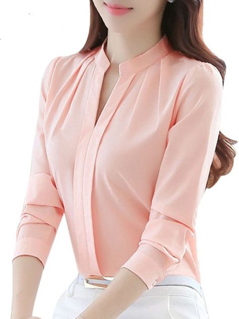 Solid Color Long Sleeve Notched Collar Shirts Casual Chiffon Blouse, Office Shirts, Chiffon Blouse Long Sleeve, White Office, Tops Long Sleeve, Blouse Price, Chiffon Long Sleeve, Casual Tops For Women, Chiffon Shirt