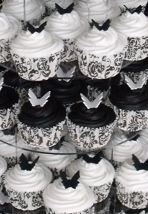 Black & white butterfly cupcakes Essen, Black And Grey Quinceanera Theme, Black And White Ball Sweet 16, Black Butterfly Birthday Theme, Wedding Black And White Decorations, Black And White Sweet 16 Dresses, Black Quince Centerpieces, Quinceanera Themes Black, Black Quinceanera Theme Decorations