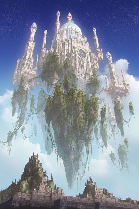 Floating Kingdom Fantasy Art, Rain Fantasy Aesthetic, Sky Castle Fantasy Art, Fantasy Cloud Kingdom, Air Fantasy World, Different Worlds Aesthetic, Floating Palace Fantasy Art, Air Kingdom Fantasy Art, Fantasy Portal Concept Art