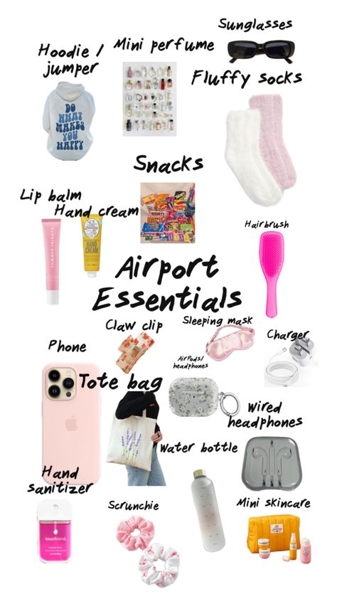 These airport essentials are actually essentials that u would need on a airplane and they are so useful trust me Sleepover Packing List, Airport Essentials, Trip Essentials Packing Lists, Sleepover Essentials, What To Pack For Vacation, Road Trip Bag, School Backpack Essentials, Road Trip Kit, Preppy Travel