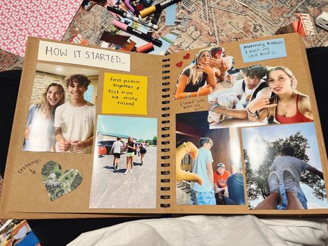 Photo Book Boyfriend Ideas, Picture Book Boyfriend, Scrap Book Ideas Layouts Aesthetic, How We Met Scrapbook, Adventure Book Scrapbook Ideas, Cute Scrapbook Ideas For Boyfriend Memories, Scrapbook Ideas Gift, Scrapbook Page Ideas Boyfriend, Anniversary Photo Book Ideas