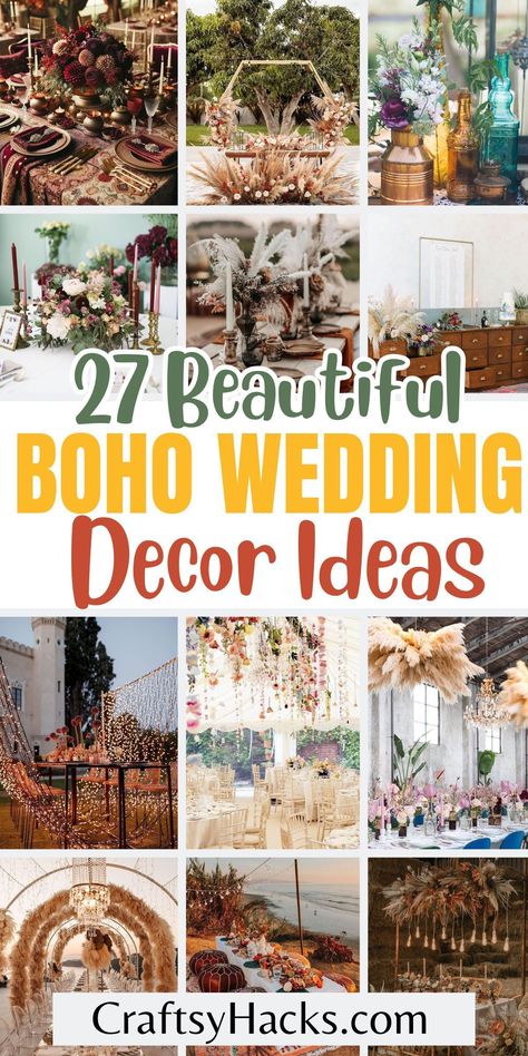 Create the enchanting boho chic wedding of your dreams with our beautifully curated wedding decorations that capture the essence of bohemian elegance. These boho wedding ideas combine rustic aesthetics with lush florals and eclectic accents to bring your whimsical wedding vision to life. Boho Chic Wedding Reception Decor, Diy Fall Wedding Ideas, Boho Wedding Style Decor, Rustic Boho Chic Wedding, Rustic Bohemian Wedding Centerpieces, Diy Bohemian Wedding Decor, Hobo Wedding Decorations, Boho Wedding Food Ideas, Fall Boho Wedding Ideas