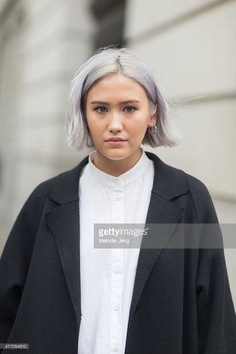 Erika Bowes wears a COS jacket, & Other Stories top, Cheap Monday jeans, Topshop shoes, and an Issey Miyake bag during The London Collections Men SS16 at on June 13, 2015 in London, England. Erika Bowes, Issey Miyake Bag, French Girl Hair, Harper Row, Cheap Monday Jeans, Transition To Gray Hair, Hair Shades, Grey Hair Color, Cheap Monday