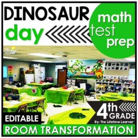 4th Grade End of Year Math Review Dinosaur Test Prep Classroom Transformation Dinosaur Math Activities, Dinosaur Theme Classroom, Dinosaur Math, Kindergarten Math Review, Dinosaur Day, Math Escape Room, Dinosaur Classroom, Math Review Game, Maths Day