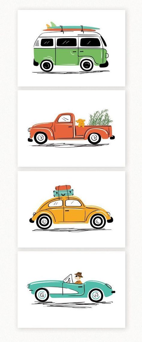 Car Cute Drawing, Cute Car Drawings, Vintage Cars Drawing, Vintage Car Drawing, Vintage Car Painting, Drawings Of Cars, Vintage Car Illustration, Car Doodle, Vintage Car Art