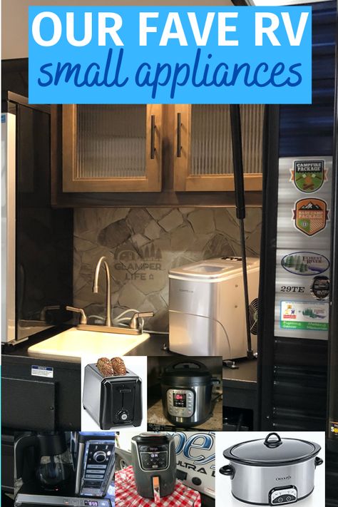 RV camping is unlike traditional tent camping in many ways. One of our favorite things about RV camping is the ability to bring many of our modern day conveniences on the road with us. From our ice maker to the coffee maker and air fryer, there are many ways to use various small appliances in your camper. See our list of our favorite small appliances that we always bring on our camping trips! #rv #rvlife #camping #glamperlife Rv Appliances Small Spaces, Rv Coffee Maker, Rv Kitchen Appliances, Camping Appliances, Rv Camping List, Small Coffee Maker, Rv Essentials, Hybrid Camper, Rv Appliances