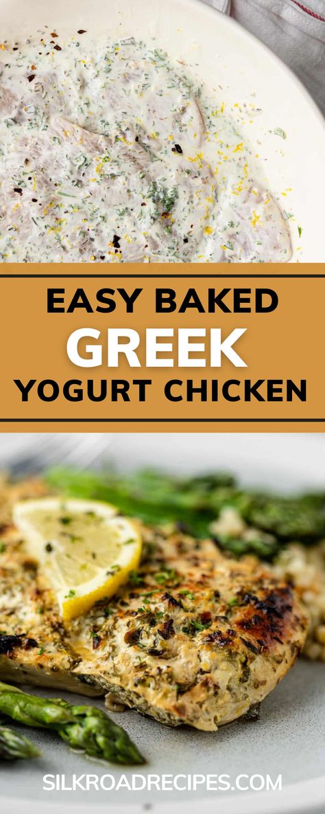 You will love this Easy Baked Greek Yogurt Chicken recipe because it's simple and so full of flavor. Not only do I love Greek yogurt’s flavor, but it’s also a very powerful food item. When you use it in a marinade, it helps to tenderize whatever protein you pair it with. Chicken is naturally more tender than, say, beef, which is why you shouldn’t let the marinade sit for longer than 1 hour. The citrus from the lemon also helps to ensure a perfectly tender baked Greek yogurt chicken! Essen, Baked Greek Yogurt Chicken, Yogurt Recipes Dinner, Baked Greek Yogurt, Chicken Marinade Yogurt, Greek Yogurt Chicken Marinade, Mediterranean Chicken Marinade, Greek Yogurt Chicken Recipes, Mediterranean Chicken Recipes