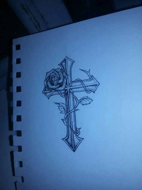 Cross and rose tattoo Rose Designs Tattoo, Cross With Rosary Drawing, Cross In The Middle Of Chest Tattoo, Cross And Rose Drawing, Cross On Side Ribs, Cross With Thorns Tattoos For Women, Cross Spine Tattoo Men, Christian Rose Tattoo, Cross With A Rose Tattoo