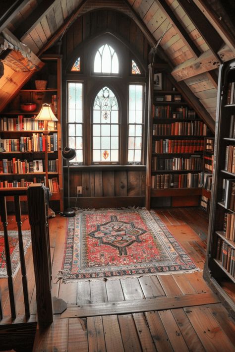 attic victorian library Cozy Home Library Ideas, Stone Library, Dark Wood Bookcase, Loft Library, Aesthetic Design Ideas, Dream Home Library, Library Rooms, Cozy Home Library, Victorian Library