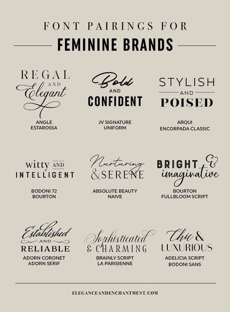 Nine font pairings for feminine brands to create logos, art prints, stationery, and more! From Elegance and Enchantment Luxury Brand Font Pairing, Font Pairing Modern, Font Pairing Logo, Bold And Feminine Branding, Light Blue Branding Design, Best Font Combinations, Free Font Pairings, Best Font Pairings, Canva Font Pairing