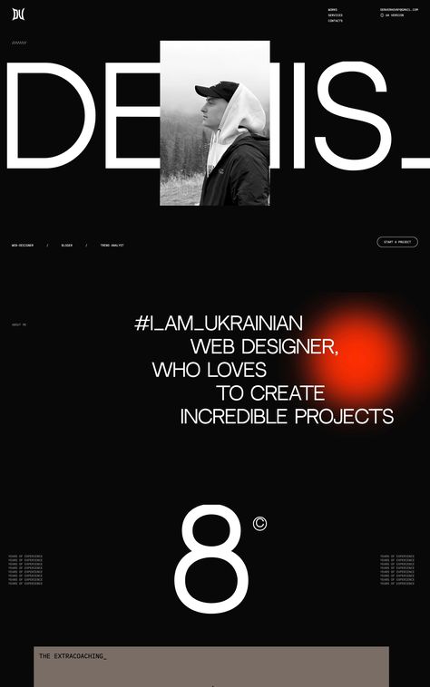 Slick, dark-schemed One Page portfolio for Ukrainian web designer and YouTuber Denis Verholomchuk. Dark Portfolio Design, Web Design Dark, Red Web Design, Web Designer Portfolio, Dark Branding, Portfolio Website Design Inspiration, Dark Website, Black Portfolio, Graphic Design Portfolios