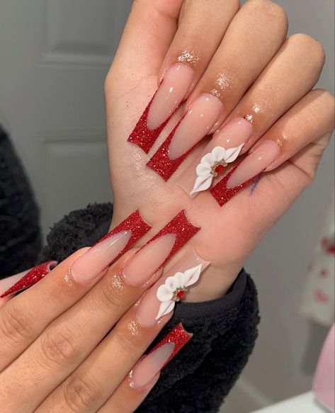 Short Nail Designs Red French Tips, Red And White Graduation Nails, Red And White Quince Nails, Red Square Nails Long, Red Rhinestone Acrylic Nails, White And Red Nails Ideas, Cherry Red Nails Acrylic, Red And White Acrylic Nails, Red Nail Sets