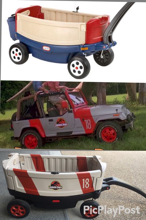 Jurassic Park Golf Cart, Jurrasic Park Costume, Wagon Stroller, Jurassic Park Jeep, Rustoleum Paint, Kid Diy, Kids Wagon, Halloween Lawn, Diy Toddler