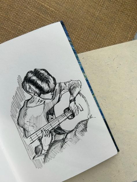 Guy Playing Guitar, Guitar Doodle, Guitar Sketch, Guitar Illustration, Guitar Drawing, Pen Art Drawings, Indie Drawings, Meaningful Drawings, Easy Drawings Sketches