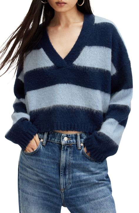 Dropped shoulders and a relaxed fit add to the cool vibes of this wool-rich striped sweater knit in a cropped silhouette. 20" length (size Medium) V-neck Long sleeves 40% acrylic, 30% polyamide, 30% wool Hand wash, dry flat Imported Vneck Sweater Outfit, Cropped Wool Sweater, Blue Jumper, Wide Stripes, Crop Sweater, Wool Sweater, Knitwear Women, Classic Shirt, V Neck Sweater