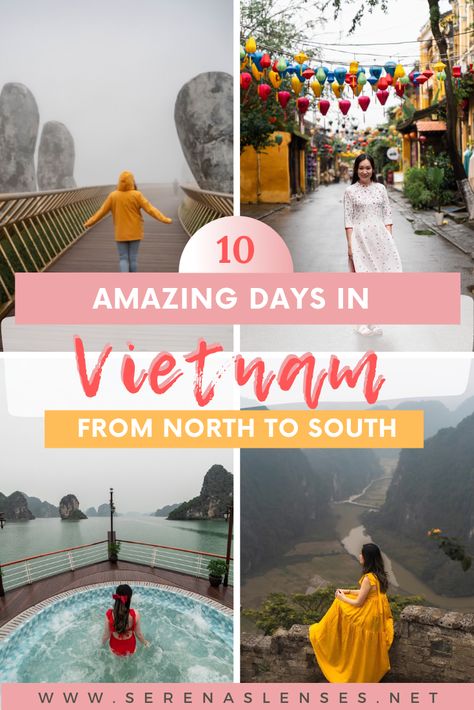 Pinterest Pin: 4 photos of girl in Vietnam, Golden Bridge, Hoi An with lanterns, luxury Halong bay cruise with pool, Mua Cave view point 10 Day Vietnam Itinerary, 10 Days In Vietnam, Vietnam 10 Day Itinerary, Vietnam Trip Itinerary, Vietnam Itenary, Vietnam Itinerary 10 Days, Vietnam Ootd Travel Outfits, Vietnam Hiking, Vietnam Bucket List