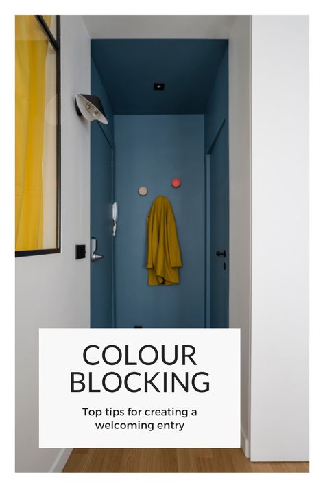 Colour blocking, paint techniques, create an entry, DIY tips for entryways Hallway Colour Blocking, Colour Block Entryway, Color Drenching Hallway, Entrance Colour Ideas, Narrow Hallway Painting Ideas, Color Blocking Hallway, Color Blocking Entryway, Boring Hallway Ideas, Porch Colour Ideas