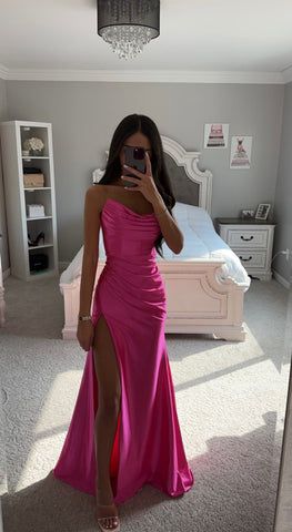 Formal Dress Long Pink, Pink Long Satin Dress, Purple Guest Dress, Pink Prom Theme Couple, Prom Dresses Magenta, Long Pink Dress Formal, Hot Pink Prom Dresses Long, Magenta Prom Dresses, Prom Dresses For Brunettes