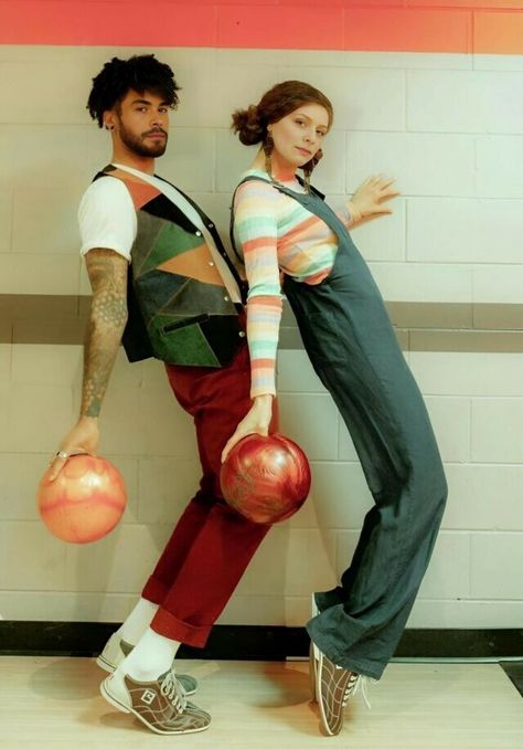 Bowling Alley Photoshoot, 70s Inspired Photoshoot, Alley Photoshoot, 70s Couple, Alley Ideas, 70s Photoshoot, Retro Couple, Boho Photoshoot, Retro Photoshoot