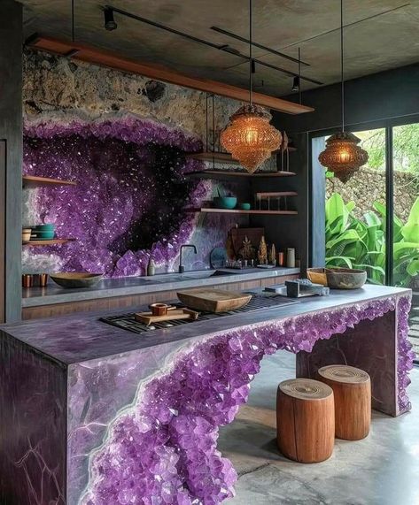 What an interesting and pretty kitchen 💜 Dramatic Rooms Interior Design, Funky Interior Design, Crystal Furniture, Weird Furniture, Amazing Bedroom Designs, Magical Room, Fantasy Furniture, التصميم الخارجي للمنزل, Unusual Homes