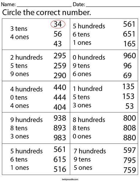 Place Value- Circle the Correct Number Math Worksheet - Twisty Noodle Second Grade Activities, Easy Math Worksheets, Mental Maths, First Grade Math Worksheets, Twisty Noodle, School Journals, Maths Worksheets, 3rd Grade Math Worksheets, Mathematics Worksheets