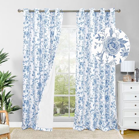 PRICES MAY VARY. Package Includes: 2 blackout curtains, each measuring 52x84 inches. These curtains are crafted in a pure white fabric, complemented by a with sunlight blocking lining, the outer layer feature a navy camellia floral pattern. Equipped with 8 sliver grommet for easy hanging, these window curtains are compatible with rods up to 1.6 inches in diameter. Camellia Flower Pattern: These Window curtains feature a camellia flower pattern, offering a modern and artistic. Their design seamle Blue Curtains Bedroom, Blue Floral Curtains, Navy Curtains, Soundproof Windows, Drapes For Bedroom, White Blackout Curtains, Bedroom Traditional, French Country Living Room, Green Curtains