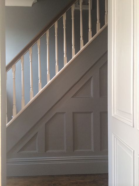 panelling in Farrow & Ball 'plummett'. Stairs in 'all white' Banister Remodel, Painted Staircase, Stairs Trim, London Stone, Stair Paneling, Hall Stairs, Victorian Hallway, Painted Staircases, Stair Banister